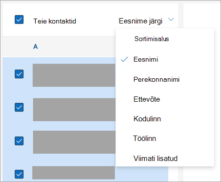 Kuvatõmmis kontaktide sortimise suvanditest