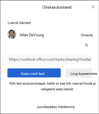 Loendi teistega jagamiseks saate valida Kutsu meili teel või Kopeeri link.