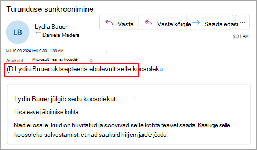 Kuvatõmmis korraldajatele, kes ei kasuta uut Outlooki, kus on näha, et osaleja on koosoleku ebalevalt aktsepteerinud
