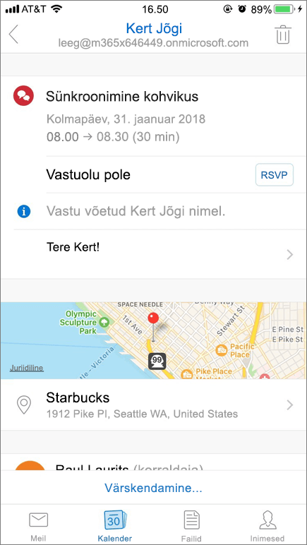 Kuvatõmmis mobiilsideseadme ekraanist, millel on kuvatud kalendrikutse üksus.