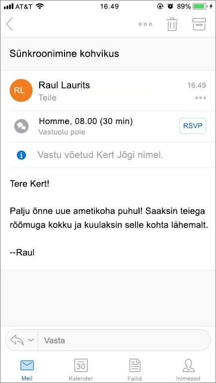 Kuvatõmmis mobiilsideseadme ekraanist, millel on kuvatud meiliüksus.