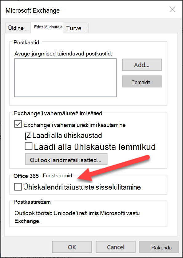 Ühiskalendri täiustused saate sisse lülitada märkeruudu abil.