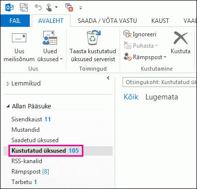 Klõpsake kustutatud üksusi kaustaloendis