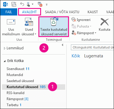 Valige kustutatud üksuste kaust ja klõpsake käsku Taasta üksused serverist