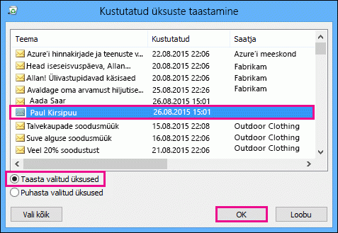 Valige taastatav kontakt ja klõpsake nuppu OK
