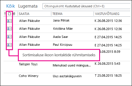Sortimisaluse ikoon kontaktide rühmitamiseks kaustas Kustutatud