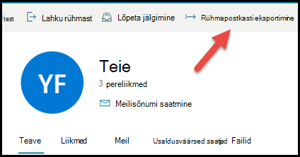 Outlook.com rühmakaart, mille nool osutab üles- ja paremale käsule Ekspordi rühmapostkast.