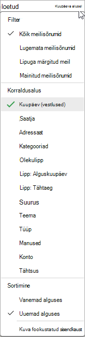 Sõnumite sortimise ripploendi kuvatõmmis