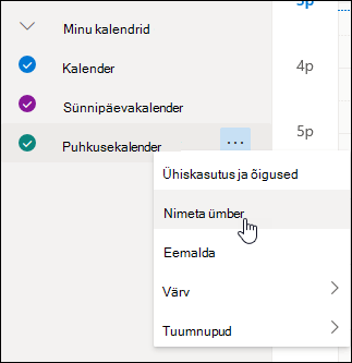 Kuvatõmmis kalendri kontekstimenüüst, kus on valitud käsk Nimeta ümber