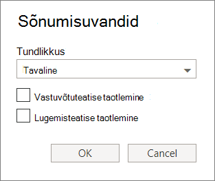 Kuvatõmmisel on kujutatud dialoogiboks Sõnumisuvandid, kus on kuvatud tundlikkustaseme määramise ja vastuvõtu- või lugemisteatise taotlemise suvandid.