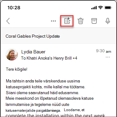 Copiloti kokkuvõtte loomise ikoon, et kuua meililõimest kokkuvõte iOS-is ja Androidis.