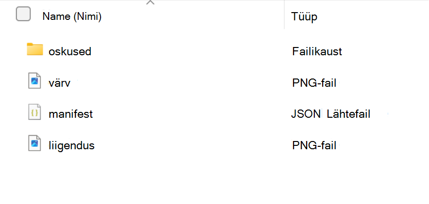 Kuvatõmmis, millel on kujutatud oskuste paketi kausta sisu: oskuste kaust ning color.png, manifest.json ja outline.png failid.