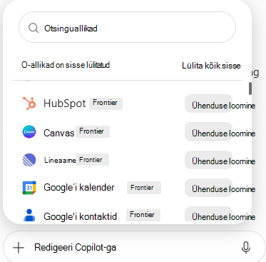 Kuvatõmmis, millel on kujutatud saadaolevate andmeallikatega konnektorite loend ja PowerPointi nupud Ühenda.