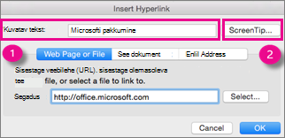 Office for Maci dialoogiboks Hyperlink (Hüperlink)