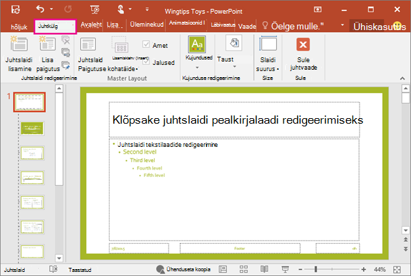 Shows slide layout in PowerPoint Slide Master View