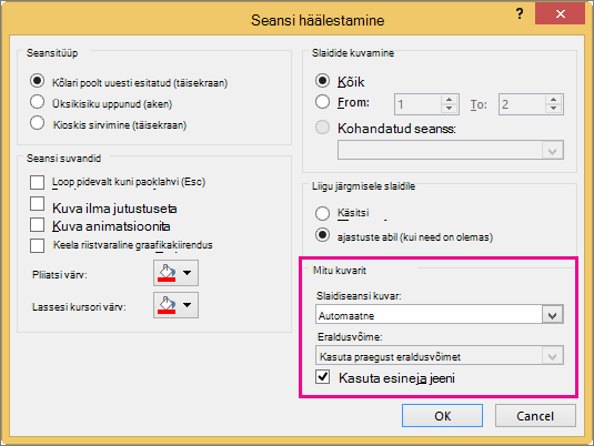 Kuvari suvandid dialoogiboksis Seansi koostamine