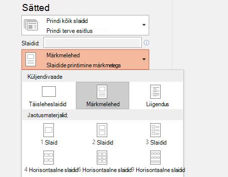 Märkmete printimise valiku kuvatõmmis