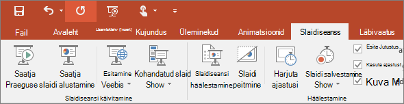 Kuvatakse PowerPointi lindi menüü Slaidiseanss