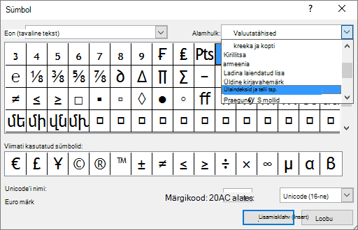 PowerPonti dialoogiboksis Sümbol on kuvatud alamkogum All- ja ülaindeks