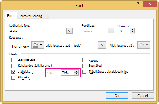 Pilt PowerPointi dialoogiboksist Font