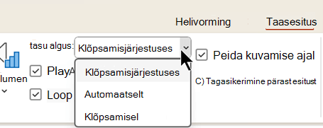 Kuvatõmmis, millel on kujutatud helifailide menüü Taasesitus, millel on kolm võimalust heli esitamise alustamiseks.