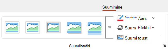 PowerPointi lindi menüü Suum sisaldab vormindussuvandeid (nt ääris ja taust).