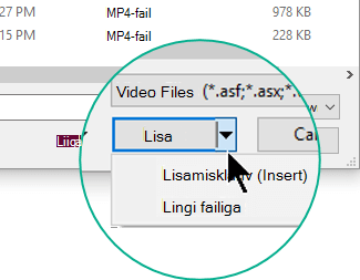 Dialoogiboksis Video lisamine saate valida menüü Lisa (st Manusta) või Lingi failiga vahel.