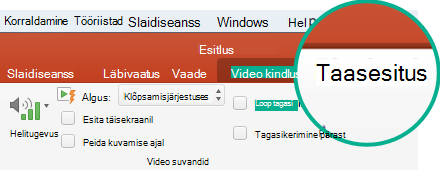 Kui slaidil on valitud video, kuvatakse tööriistariba lindil menüü Taasesitus, kus saate määrata video taasesituse suvandeid.