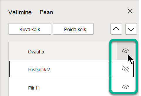 Valikupaanil kasutage objekti kuvamiseks või peitmiseks mis tahes objektist paremal olevat silmatähist.