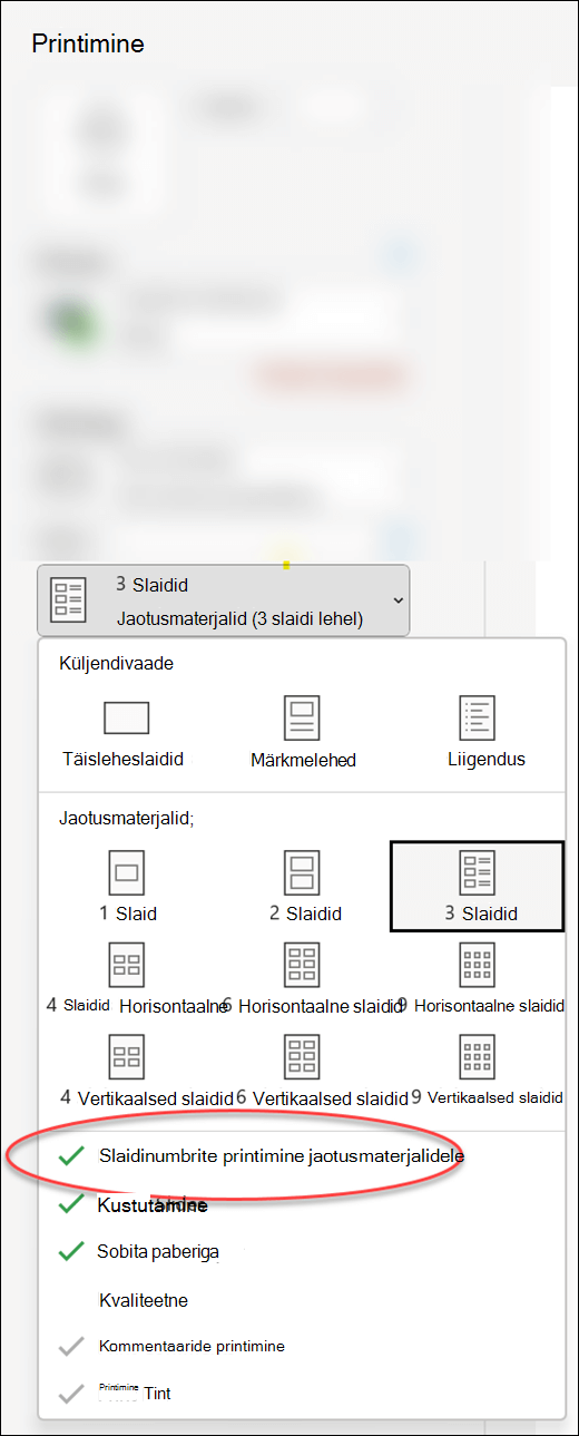 PowerPointi dialoogiboks Printimine, kus on kuvatud slaidinumbrite printimise suvand jaotusmaterjalidele.