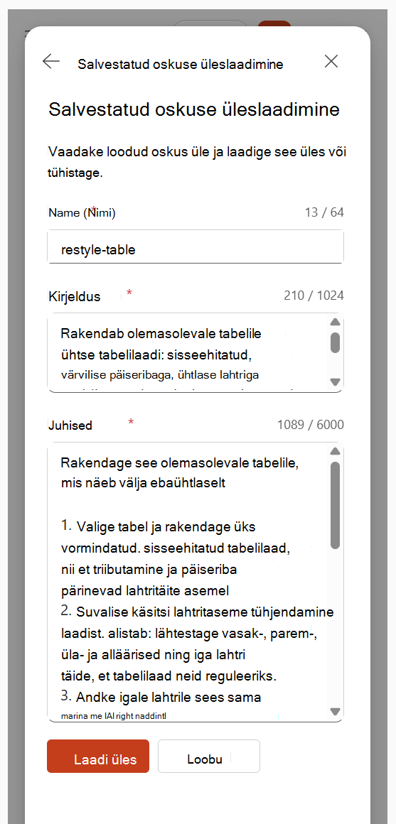 Kuvatõmmis, millel on kujutatud loodud oskuse nimi, kirjeldus ja juhised enne üleslaadimist.