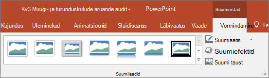 Erinevad piltlingilaadid ja efektid, mida on võimalik valida PowerPointi menüüs „Vorming“.