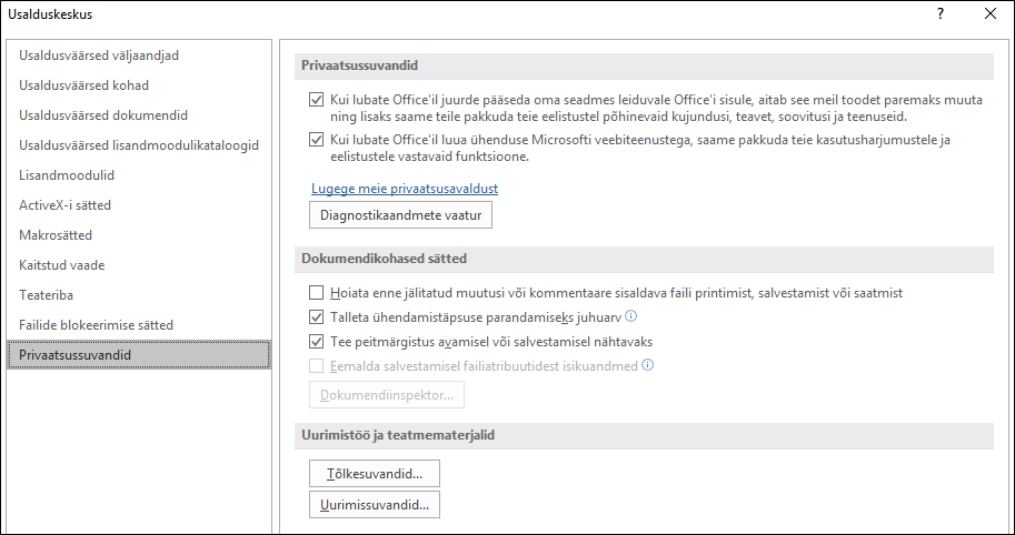 Office'i usalduskeskuse privaatsussuvandid