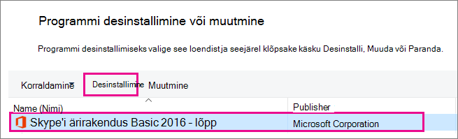 Valige Juhtpaneel Desinstalli programmid ja seejärel valige Skype'i ärirakendus