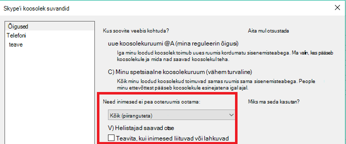 Skype'i koosolek options Permissions tab with lobby options highlighted