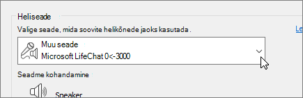 Kuvatõmmis heliseadme rippmenüüst heliseadme dialoogiboksis Heliseadme sätted.