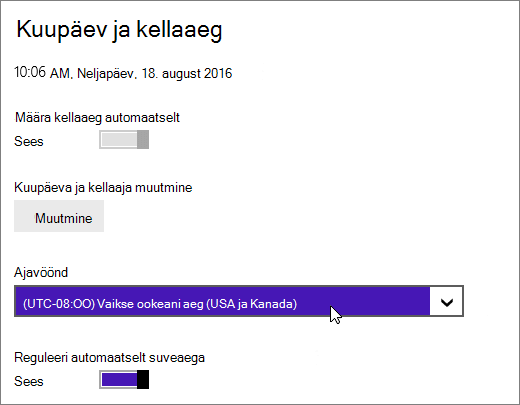 Kuvatõmmis, millel on kujutatud Windows 8 menüü Kuupäev ja kellaaeg.