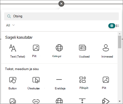 Saadaolevate veebiosade kuvamiseks valige redigeeritaval SharePointi lehel ring.