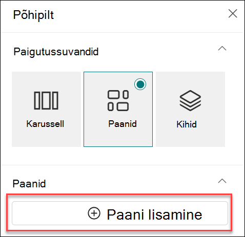 Kuvatõmmis põhiveebiosa paani lisamisest