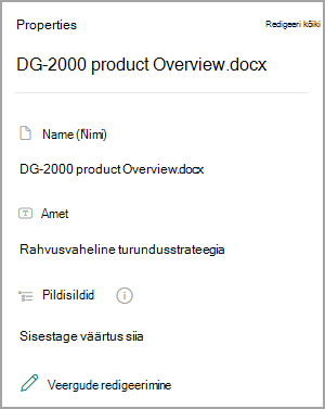 Kuvatõmmis, millel on kujutatud SharePointi teegi dokumendi atribuudid.