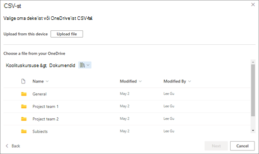 Kuvatõmmis CSV-kuvast. Kuva ülaservas on nupp Laadi fail üles. Alumises pooles on loend OneDrive'i failidest.
