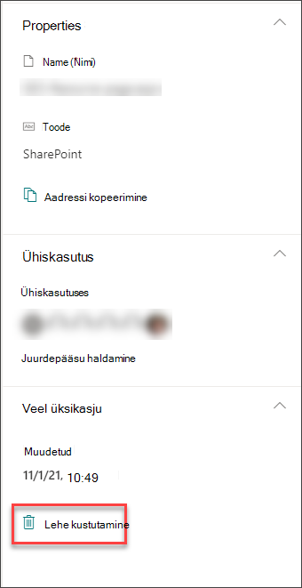 Lehe üksikasjapaanil lehe kustutamise suvandi kuvatõmmis