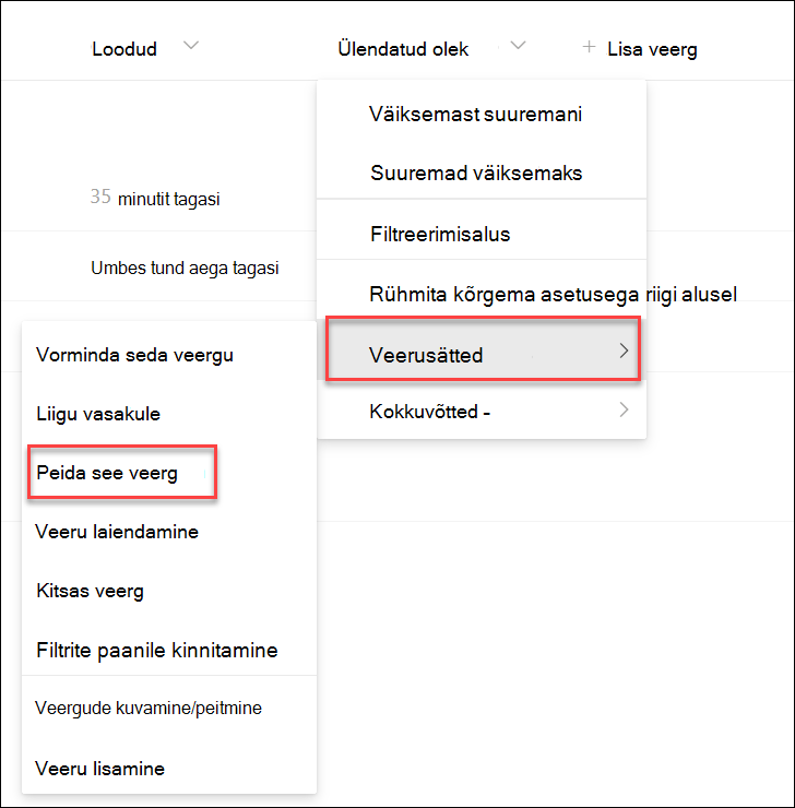 Kuvatõmmis veeru peitmisest