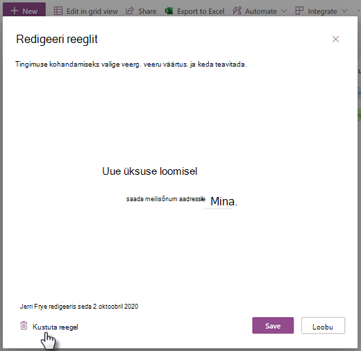 Kuvatõmmis loendi reegli kustutamisest lehelt Reegli redigeerimine.