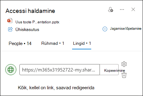 Kuvatõmmis juurdepääsu haldamise dialoogiboksist, kus on avatud linkide vahekaart.