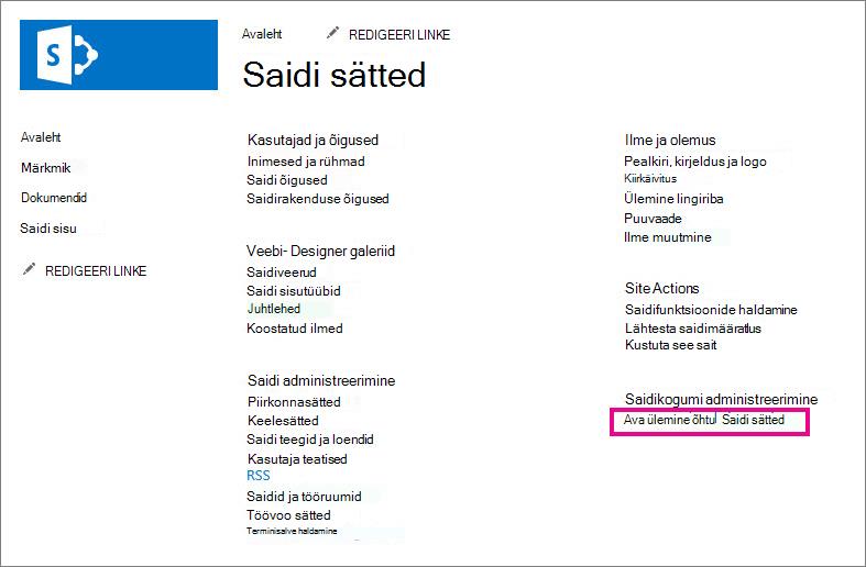 Ava ülataseme saidi sätted