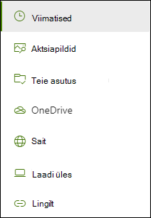 Linkide lisamisel saadaolevate asukohtade loend.