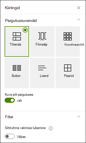 Atribuudipaan, kus on kuvatud valitud paigutuse lisasuvandid.