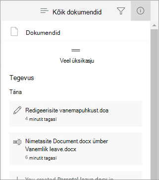 Üksikasjade paan, kus on kuvatud viimatised muudatused
