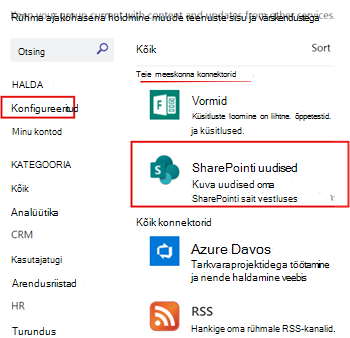 Teamsi kanali jaoks konfigureeritud SharePointi uudiste kuvamine